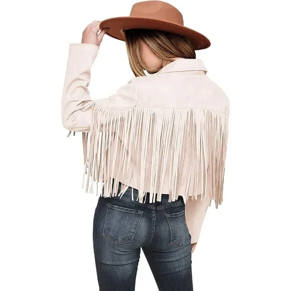 Women's : Beige Fringe Faux Suede Leather Tassel Motorcycle Cropped Jackets - Picture 1 of 9